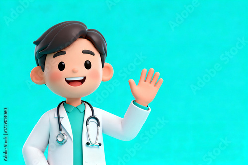 3D animated doctor character waving with a stethoscope, wearing a white coat against a teal background