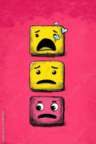 Three sad emoji faces against a vibrant backdrop