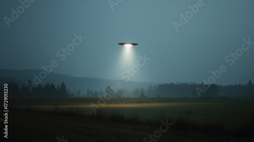 UFO Hovering Over a Rural Landscape at Dusk