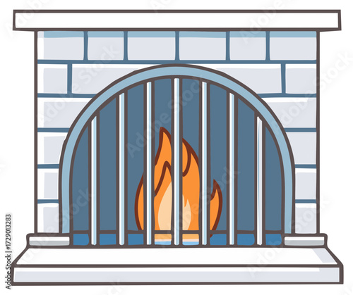 Cozy brick fireplace with a cheerful burning fire behind an arched grate, cartoon illustration