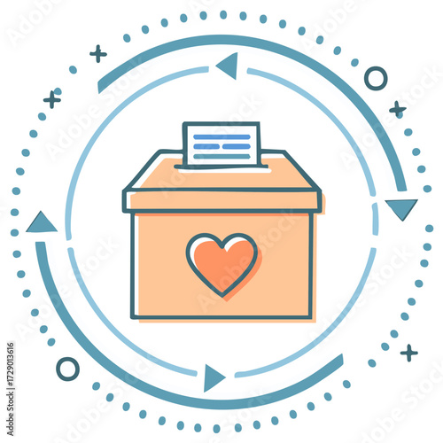 Donation Box with Heart Icon and Circular Flow Lines for Charitable Contribution Cycle
