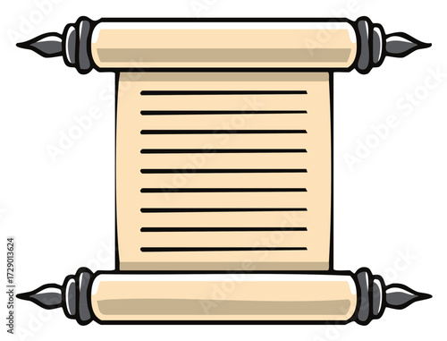 Ancient blank scroll with decorative rollers and empty lines document parchment illustration