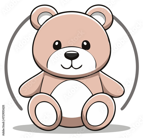 Cute Cartoon Teddy Bear Sitting with Black Outline and Gray Circle Detail Childlike Toy Icon Illustration