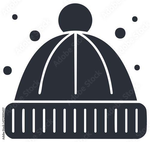 Dark Silhouette of a Knitted Winter Hat with a Pom Pom and Falling Snow