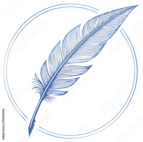 Elegant blue feather quill pen illustration with ink nib inside a double circular frame vector