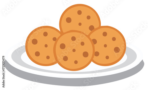 A Stack of Five Chocolate Chip Cookies on a White Plate