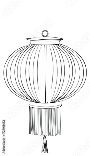 Black and white illustration of a round traditional lantern with tassels hanging from the bottom.