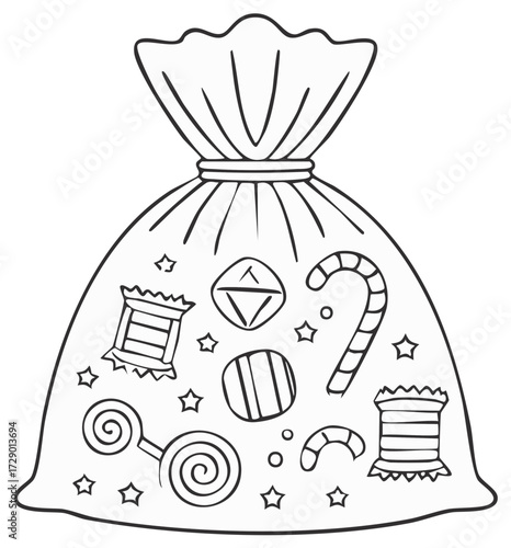 Line drawing of a sack of candies featuring lollipops, candy cane, and wrapped sweets for coloring