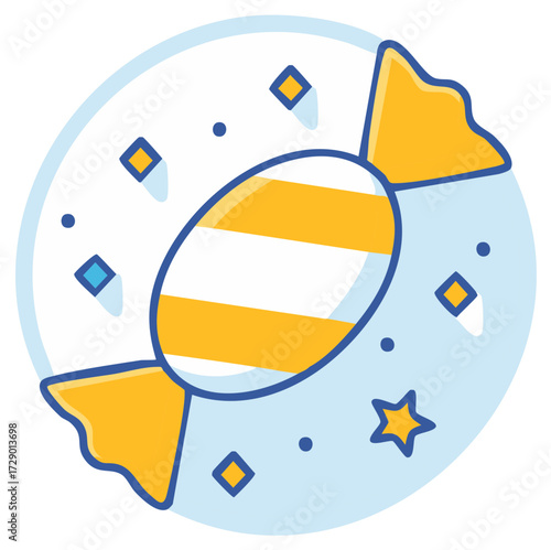 Vector icon of a wrapped striped sweet candy with celebratory confetti and stars