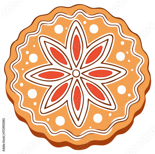Round gingerbread cookie with red and white icing in a floral pattern