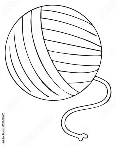 Simple Cartoon Outline Drawing of a Yarn Ball with Loose Thread for Crafting