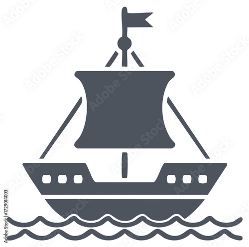 Historical sailing ship glyph icon. Simple boat sailing on the sea waves.