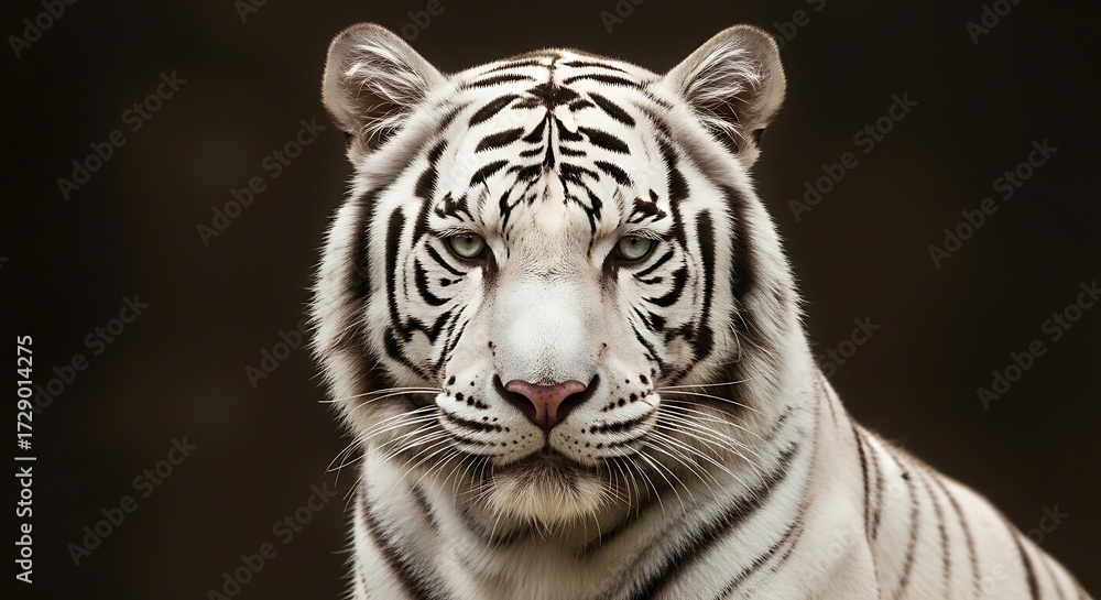Fototapeta premium Striking close-up portrait of a majestic white tiger highlighting its distinctive stripes and piercing eyes