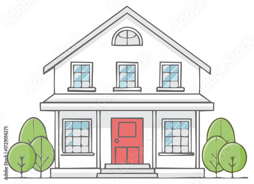 Hand drawn illustration of a two story suburban house with a red front door