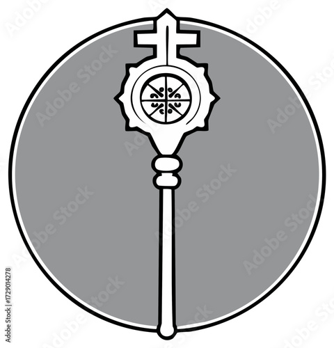 Christian Symbol Emblem: Cross-Topped Staff with Intricate Decorative Elements in Circular Frame