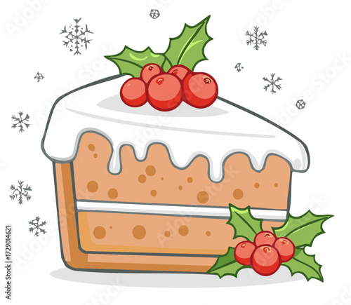 Festive slice of fruitcake with white icing holly berries and snowflakes