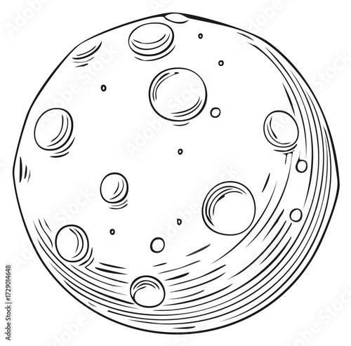 Lunar Surface Detailed Sketch Drawing of a Celestial Sphere Craters and Texture for Science or Space Themes