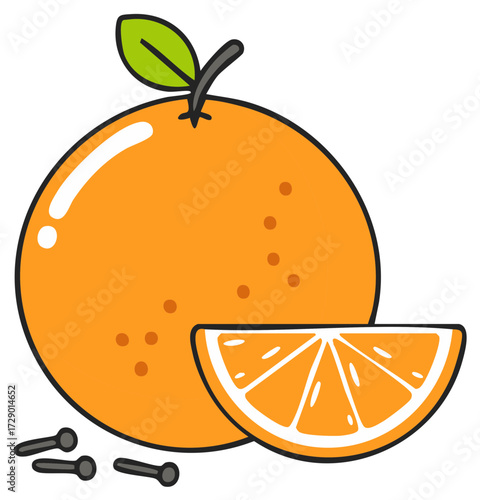 Bright graphic illustration of a whole orange with a slice and cloves for culinary projects or designs.