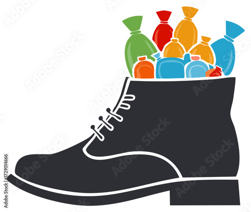 Conceptual vector illustration of a boot filled with colorful plastic trash bags and garbage