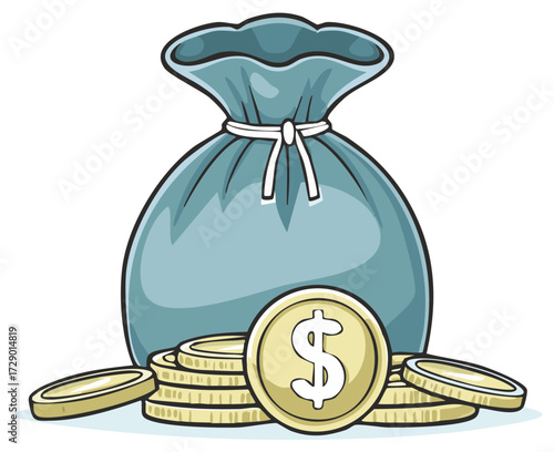 A cartoon money bag overflowing with gold coins symbolizing wealth and riches