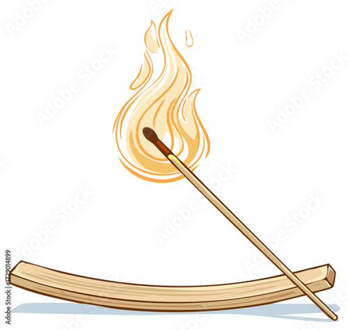 Burning matchstick with decorative flame resting on wooden stand illustration warmth light energy source ignition stylized illustration