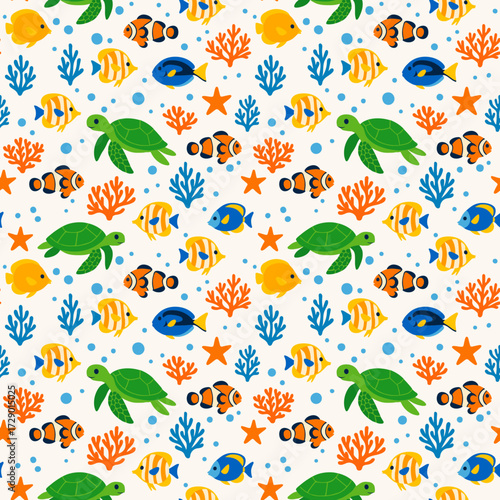 A bright seamless pattern featuring sea turtles, tropical fish, clownfish, corals, and starfish in vibrant colors for kids’ products, textiles, wallpapers, wrapping paper, or summer projects.