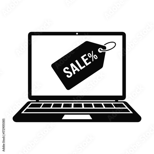 Laptop with sale tag on screen symbolizing online shopping discounts and e-commerce promotions