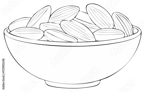 Bowl Full of Almonds Monochrome Illustration of Simple Nut Snacks in a Vessel