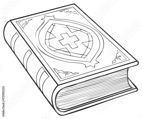 Book with Shield and Cross Illustration, Black and White, Coloring Page