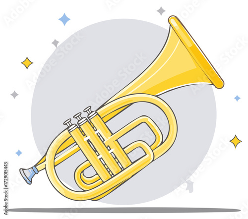 Golden Trumpet With Three Valves And A Bell Isolated On A Gray Circular Background