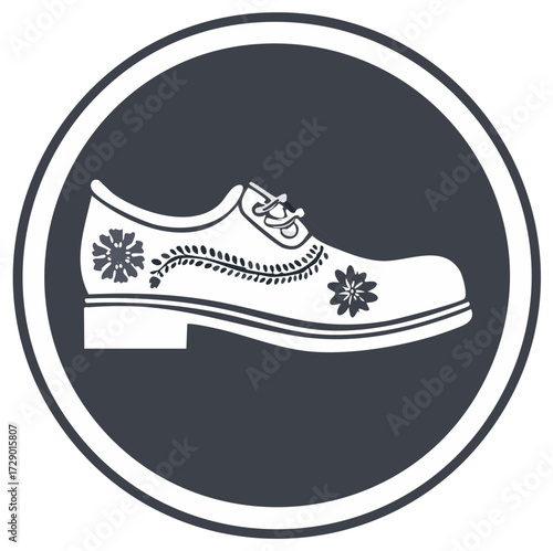 Decorated Dress Shoe Icon, Formal Footwear, Floral Details, Black Circle Emblem