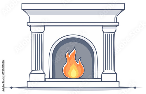 Illustration of a stylized fireplace with flames in the hearth and decorative columns