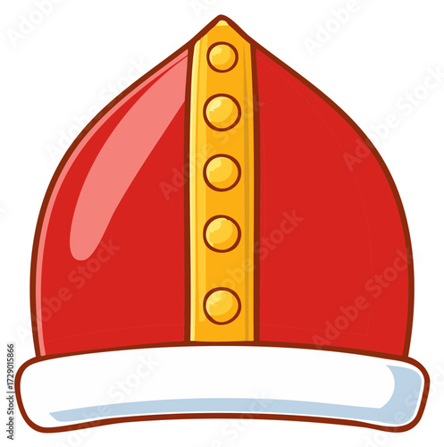 Cartoon illustration of a red and gold mitre, religious attire