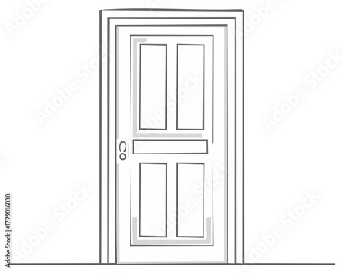 Hand drawn minimalist outline illustration of a closed interior door with paneling and a simple door handle
