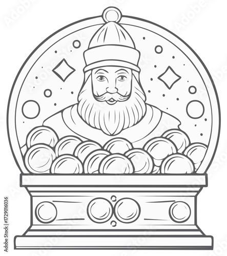 Snow globe with a man's bust inside, surrounded by orbs and decorative design