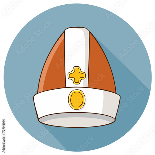Cartoonish Mitre Illustration with Golden Accents Against Blue Circle Background