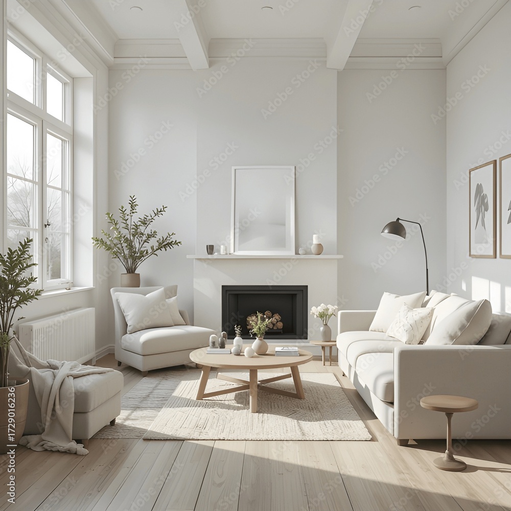 Fototapeta premium A bright Scandinavian-style living room with light wooden floors, neutral furniture, and minimalist décor. 