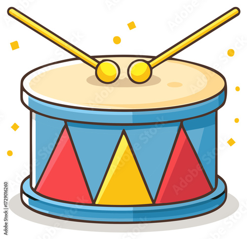 Cartoon drum with drumsticks, vibrant musical instrument illustration featuring triangles, a fun graphic for children's themes and celebrations