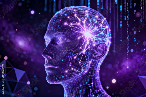 Digital human head with neural network and binary code in a cosmic background