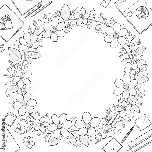 Floral Wreath with Sketch Style Flowers and Stationery Items in Black and White