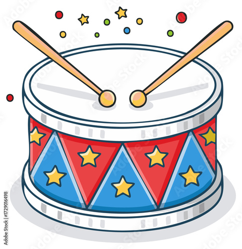 Colorful Toy Drum with Sticks and Confetti, Children's Musical Instrument Illustration