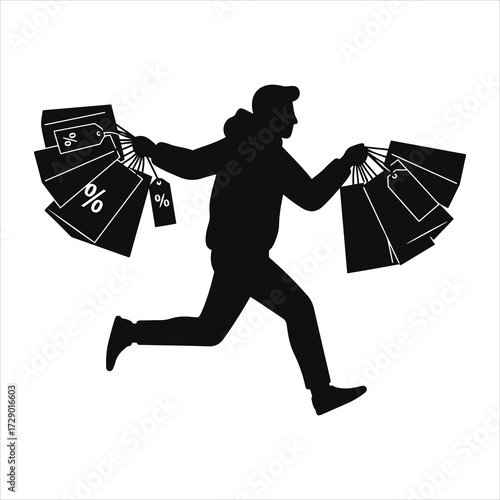 Silhouette of a happy man running with many shopping bags full of purchases and discounts