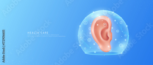Medical health care. Ear organ human model in dome transparent shield protection with medical network icons. Technology innovation digital for health. Banner vector.