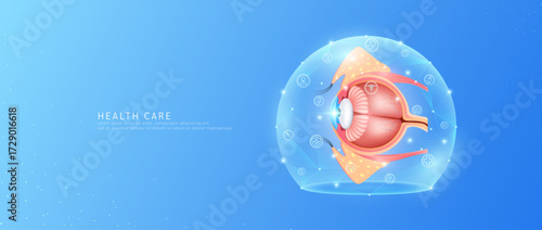 Medical health care. Eyeball organ human model in dome transparent shield protection with medical network icons. Technology innovation digital for health. Banner vector.
