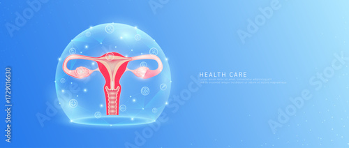 Medical health care. Female uterus model in dome transparent shield protection with medical network icons. Technology innovation digital for health. Banner vector.