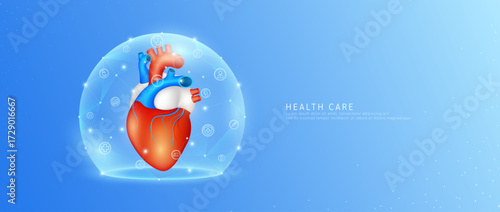 Medical health care. Heart organ human model in dome transparent shield protection with medical network icons. Technology innovation digital for health. Banner vector.