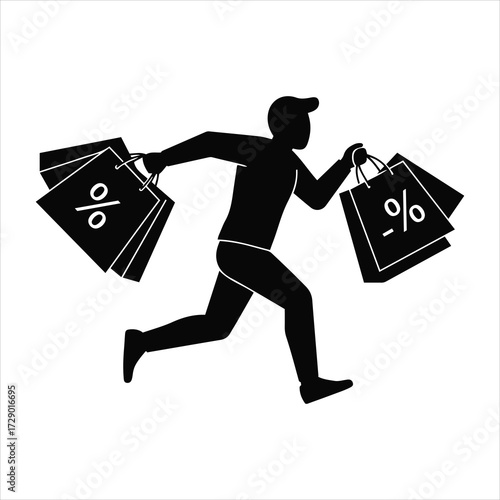 Man with shopping bags running during a sale event celebrating consumerism and retail therapy