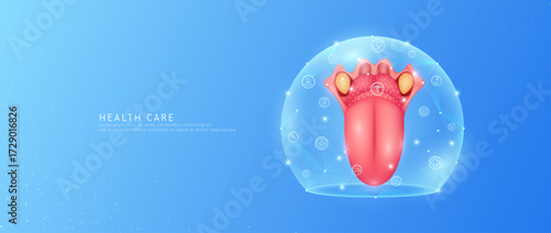Medical health care. Tongue organ human model in dome transparent shield protection with medical network icons. Technology innovation digital for health. Banner vector.