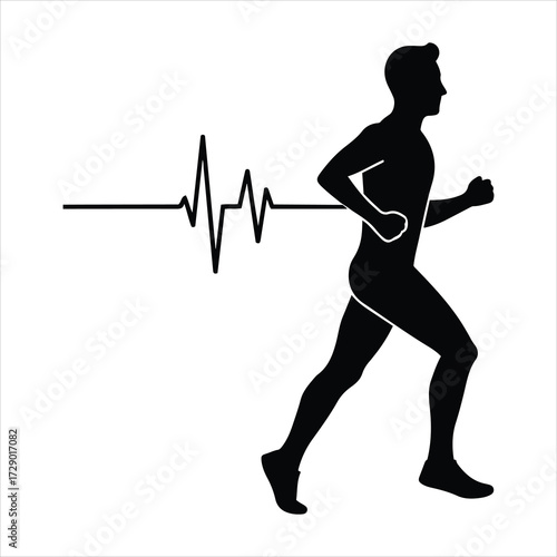 Silhouette runner integrated with cardiogram heartbeat line for health and fitness