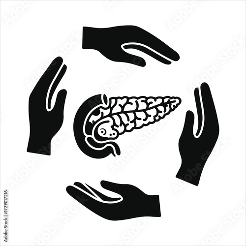 Hands protecting pancreas medical symbol healthcare support organ protection awareness care concept